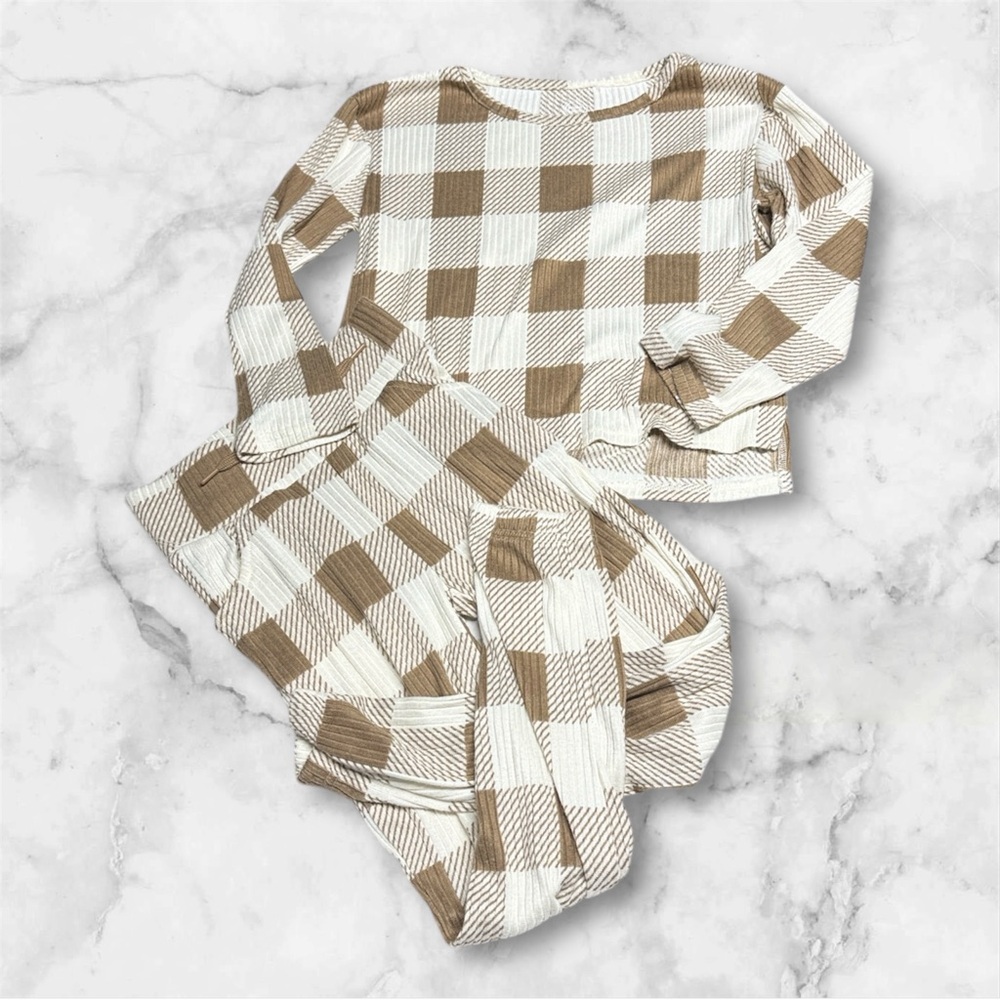 Wonder Nation Brown and Cream Plaid pajama Set M 7-8